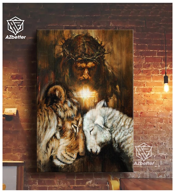 Jesus With Lion And Lamb Lion Of Judah Crown Of Thorns Poster