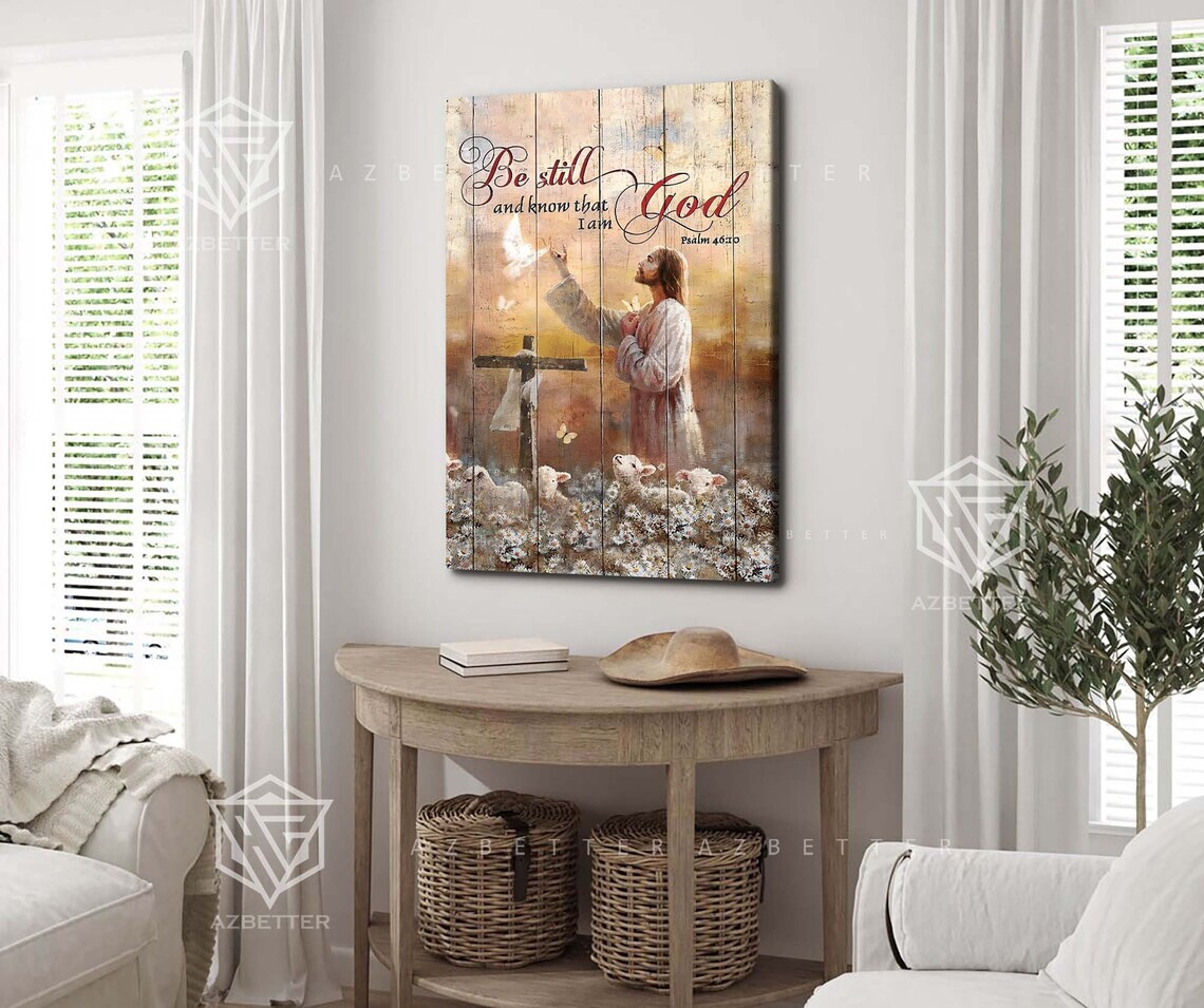 Jesus with Lambs and Dove Be Still and Know I Am God Verse Poster - Image 3