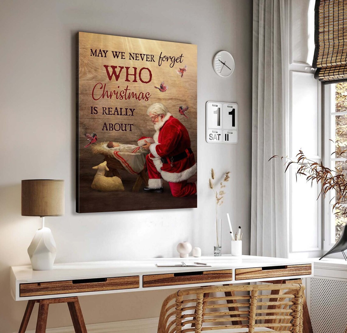 Santa Kneeling Before Baby Jesus Christmas Faith Nativity Scene Poster - Image 3