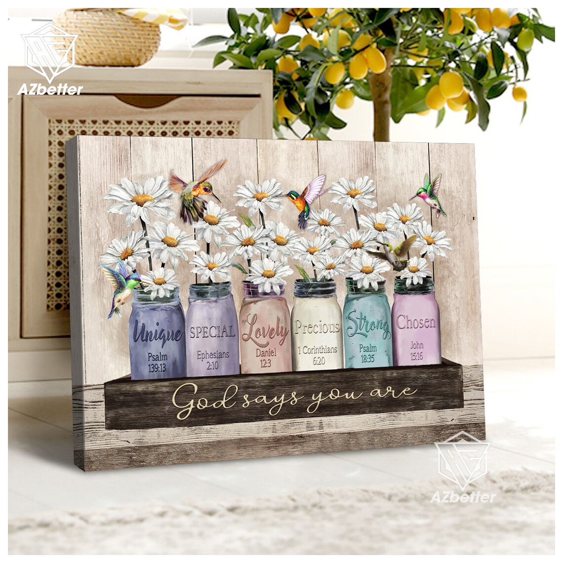 God Says You Are Unique Mason Jar Daisies Hummingbirds Faith Poster - Image 5