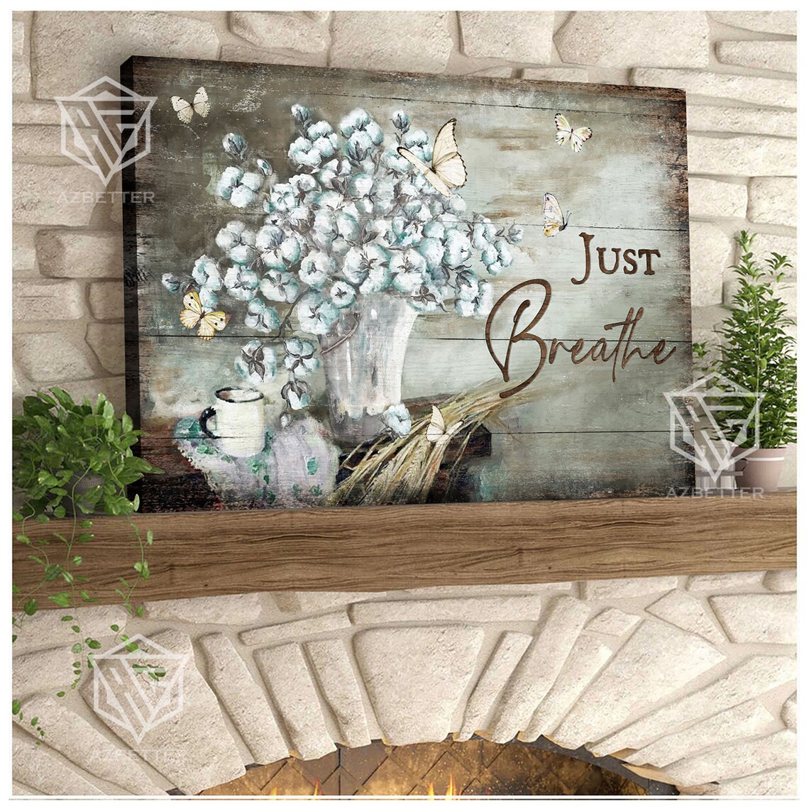 Just Breathe Vintage Cotton Flower Butterfly Rustic Farmhouse Poster - Image 2