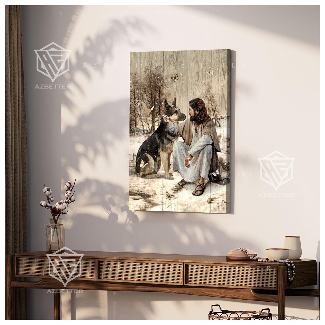 Jesus Sitting with German Shepherd in Winter Snow Butterflies Poster - Image 4