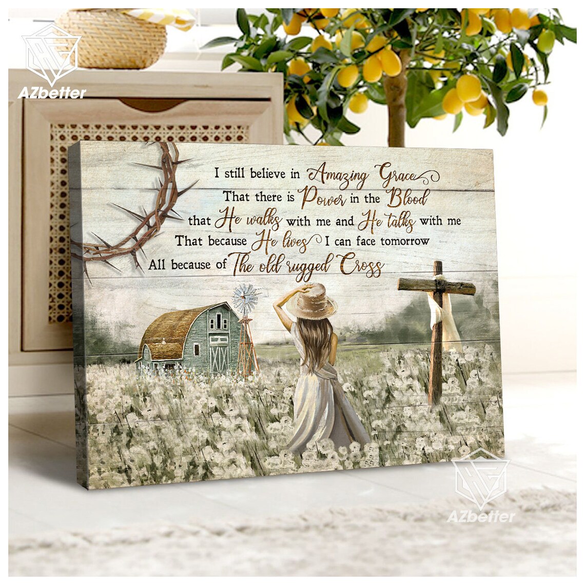 I Still Believe in Amazing Grace Woman Daisy Field Barn Cross Poster - Image 4