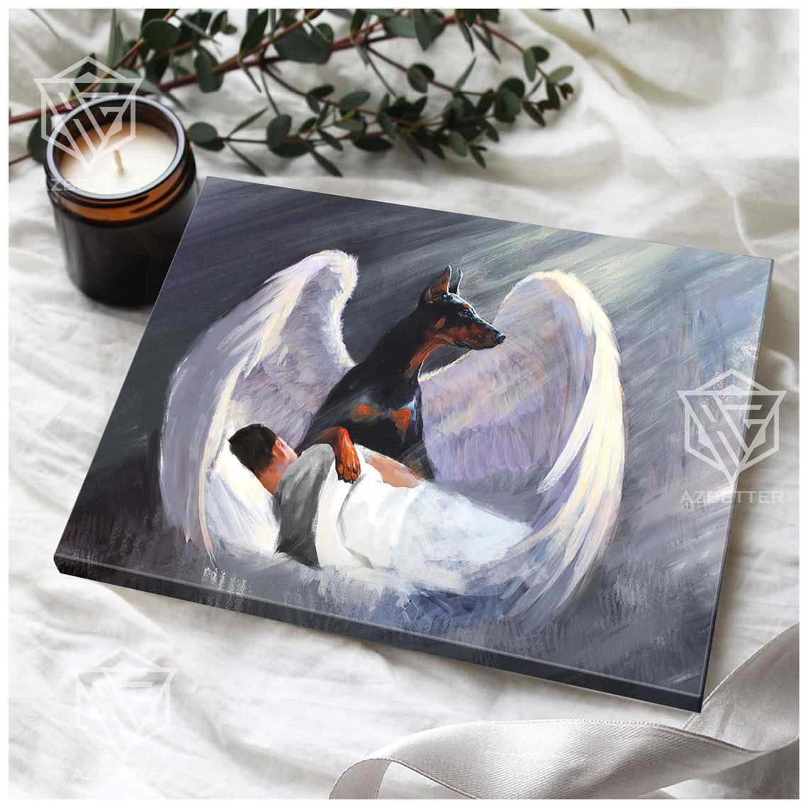 Doberman Angel Wings Guardian Watching Over Sleeping Man Poster - Image 3