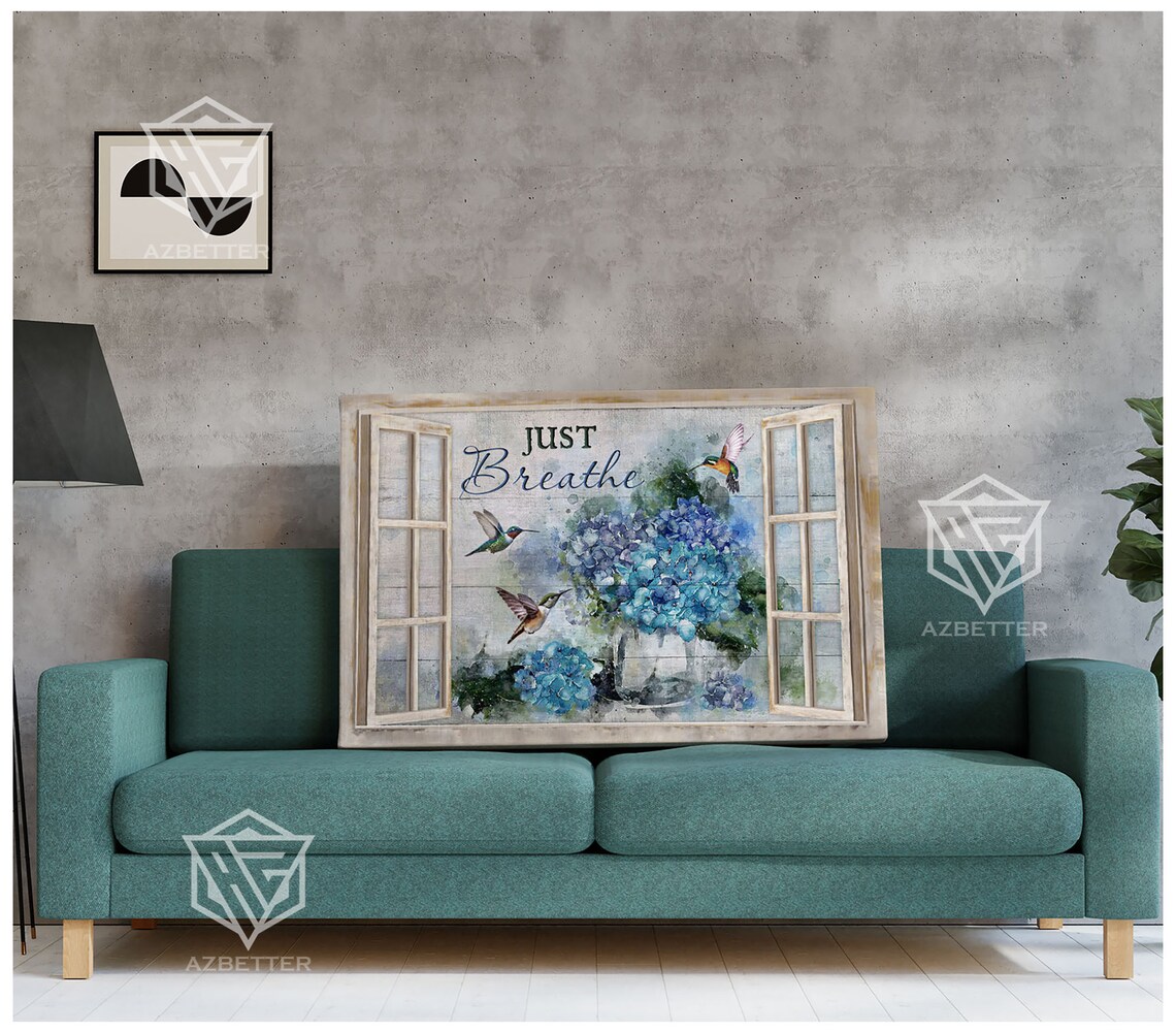 Just Breathe Rustic Window With Blue Hydrangeas And Hummingbirds Poster - Image 3