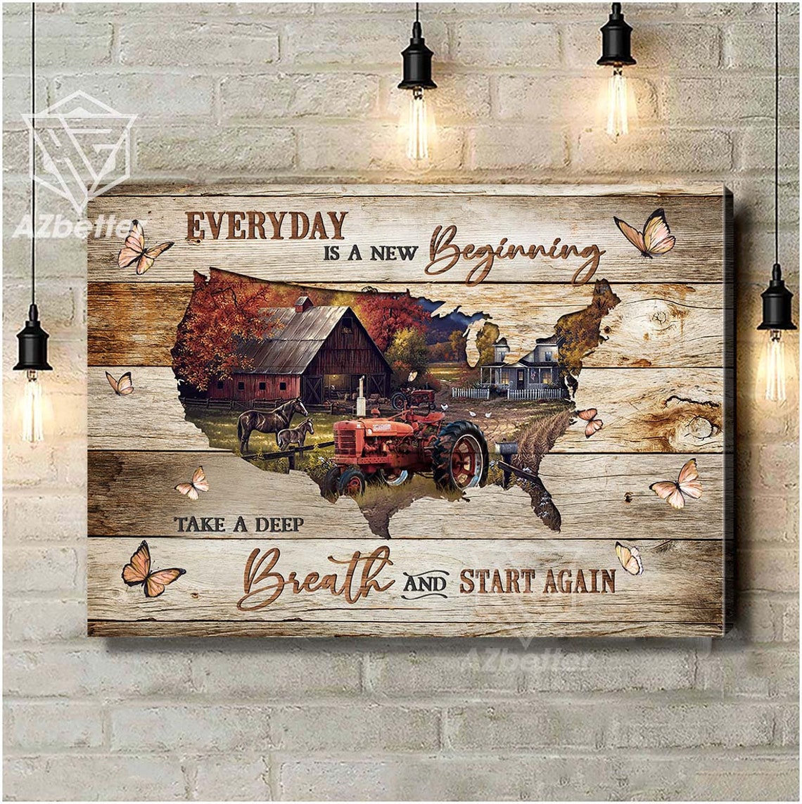 Vintage Farm Scene inside USA Map New Beginning Quote Poster
