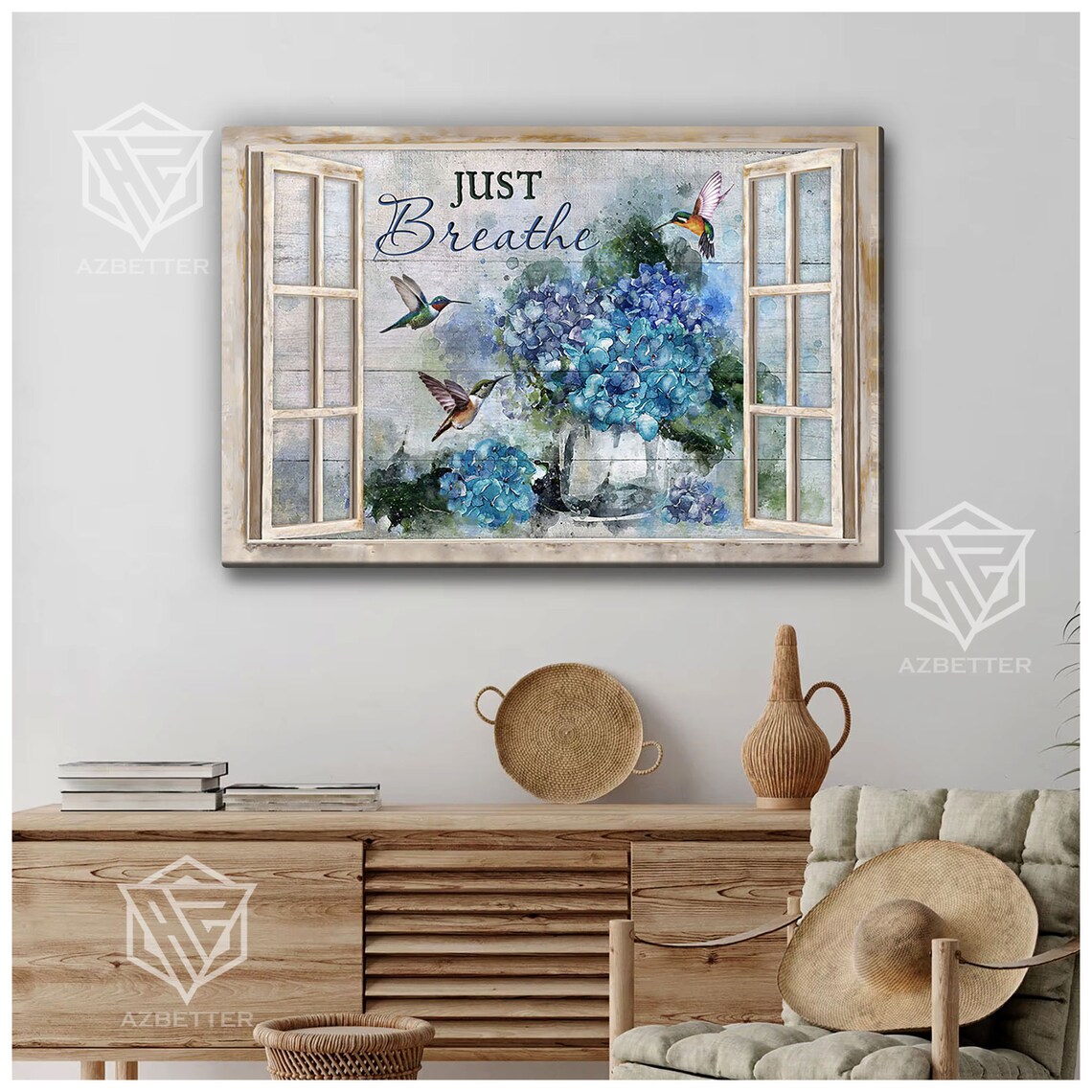 Just Breathe Rustic Window With Blue Hydrangeas And Hummingbirds Poster - Image 4