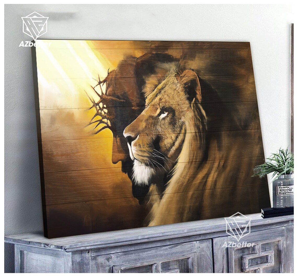 Lion And Jesus Art God Wall Art Home Decor Gift For Christians Jesus Painting Lion Of Judah Church Decor Christ Art - Image 3