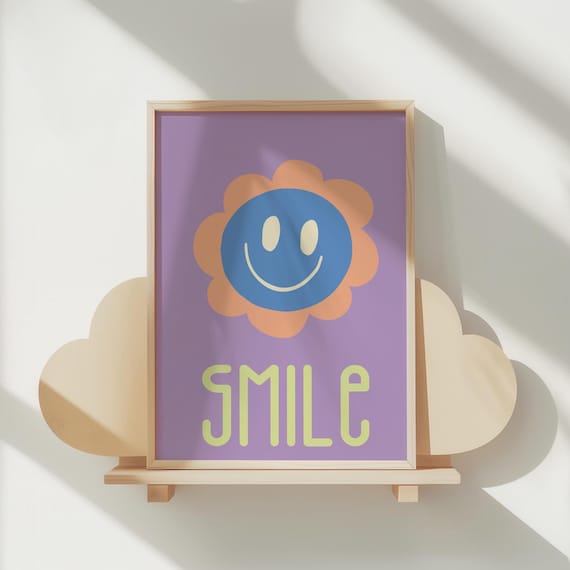Smile Smiley Flower Purple Retro Nursery Affirmation Wall Art