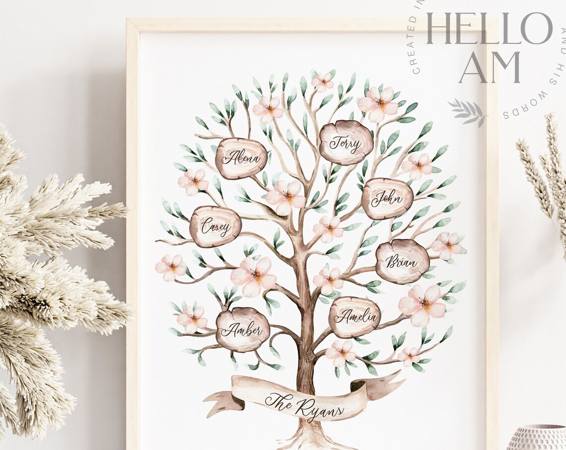 Personalized Watercolor Family Tree Blossom Branches Names Art Poster