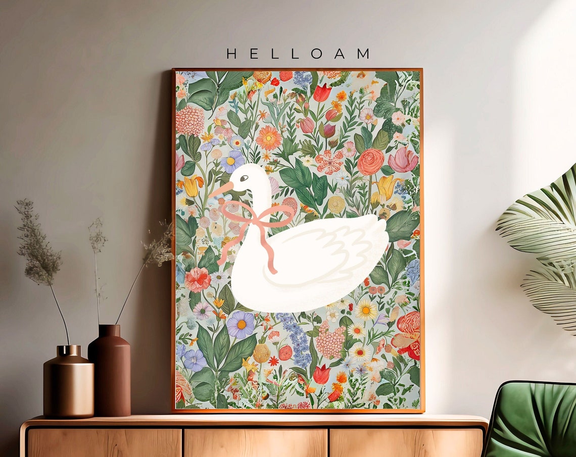 White Goose Pink Bow Wildflower Garden Coquette Nursery Wall Poster