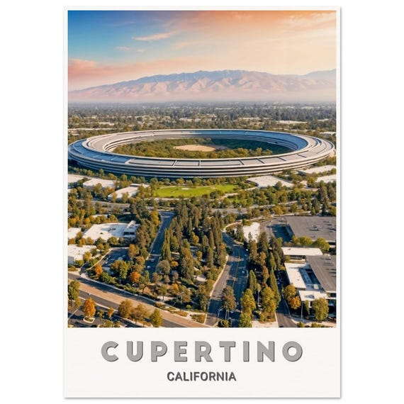Cupertino Poster Apple Park And California Landscape Art Print The Heart Of Innovation In Silicon Valley