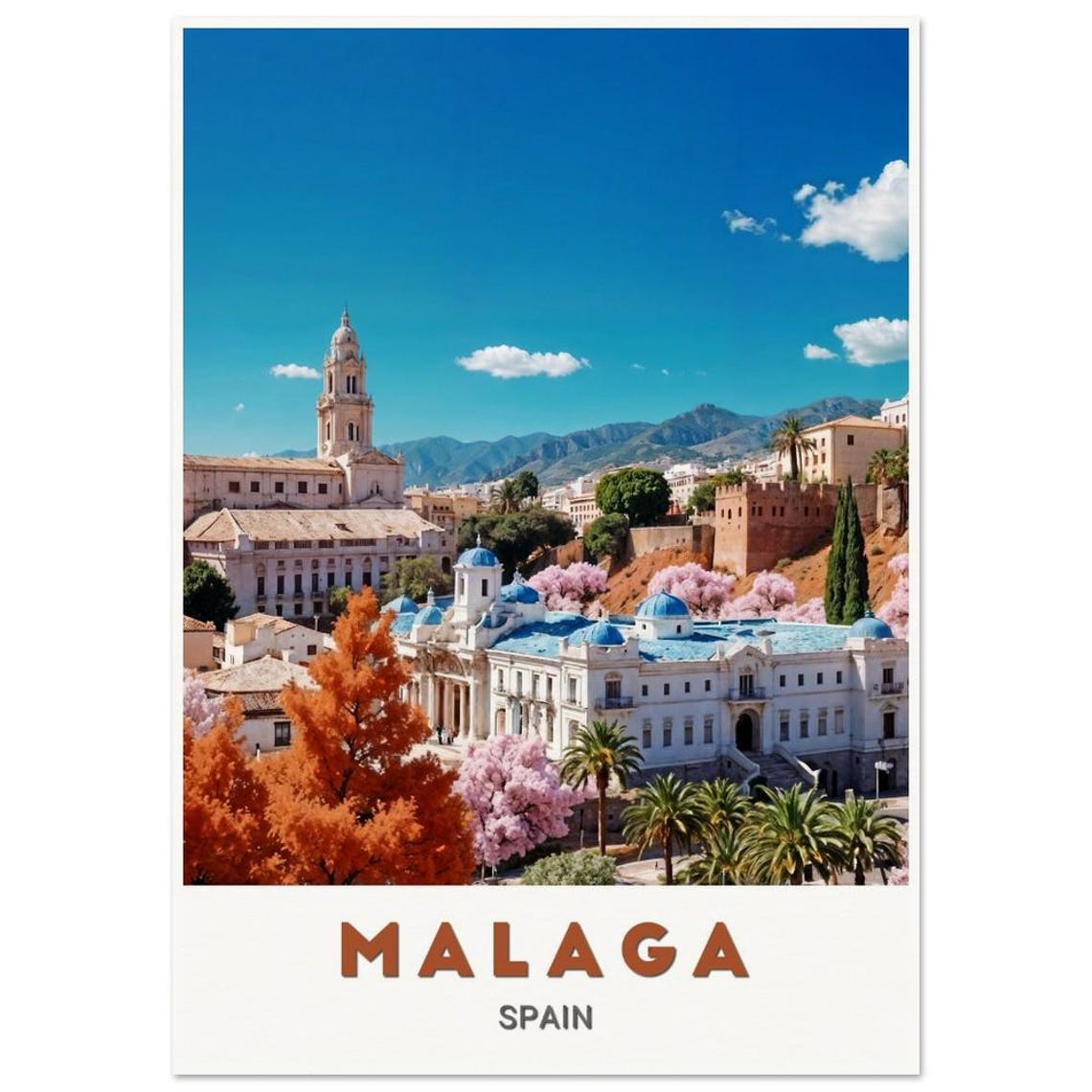 Malaga Spain Old Town Cathedral Blue Domes Blossom Travel Poster