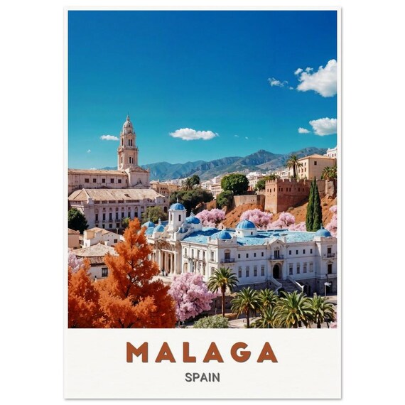 Malaga Spain Old Town Cathedral Blue Domes Blossom Travel Poster