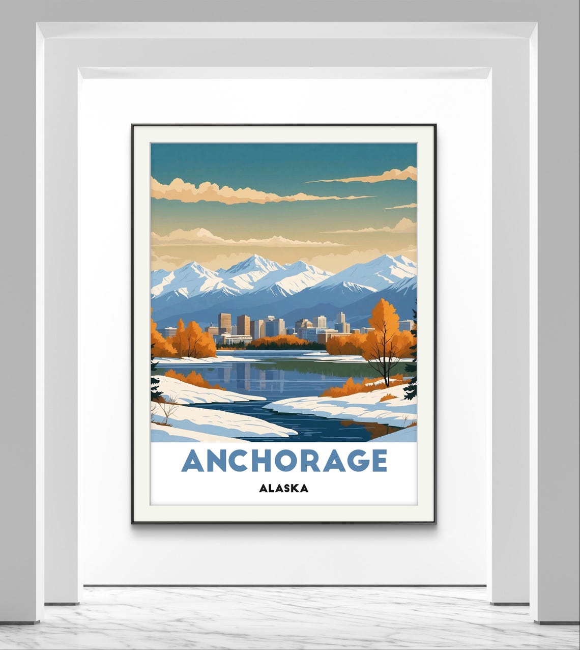 Anchorage Alaska Skyline With Snowy Mountain Backdrop Travel Poster