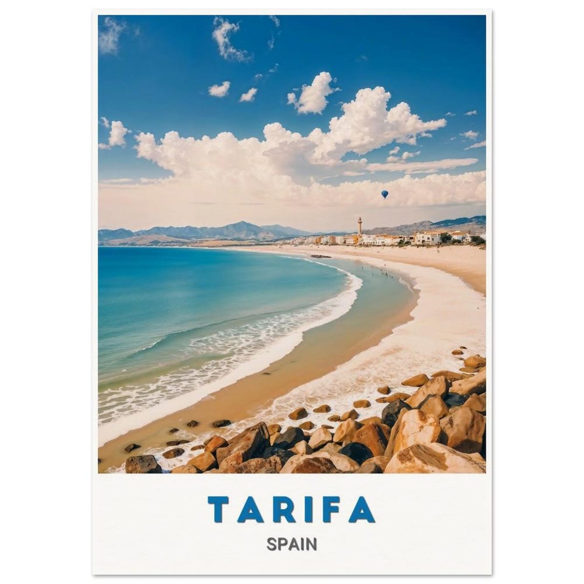 Tarifa Spain Rocky Shore Balloon Tower White Sand Beach Poster