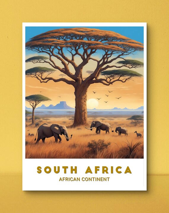 South Africa Poster Majestic African Landscape With Elephants And Baobab Tree Perfect For Nature Lovers And Home Decor