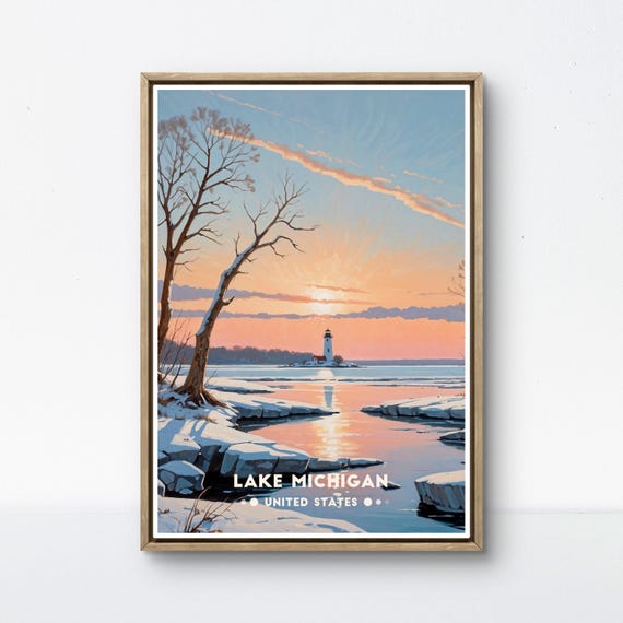 Vintage Lake Michigan Poster Featuring Winter Lighthouse Art And Snowy Landscape Perfect For Michigan Wall Decor And Lakehouse Style