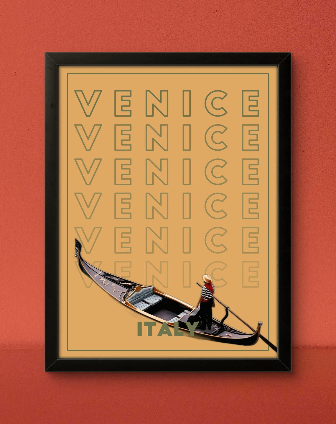 Venice Italy Gondolier Retro Typography Travel Poster for Italy Lovers