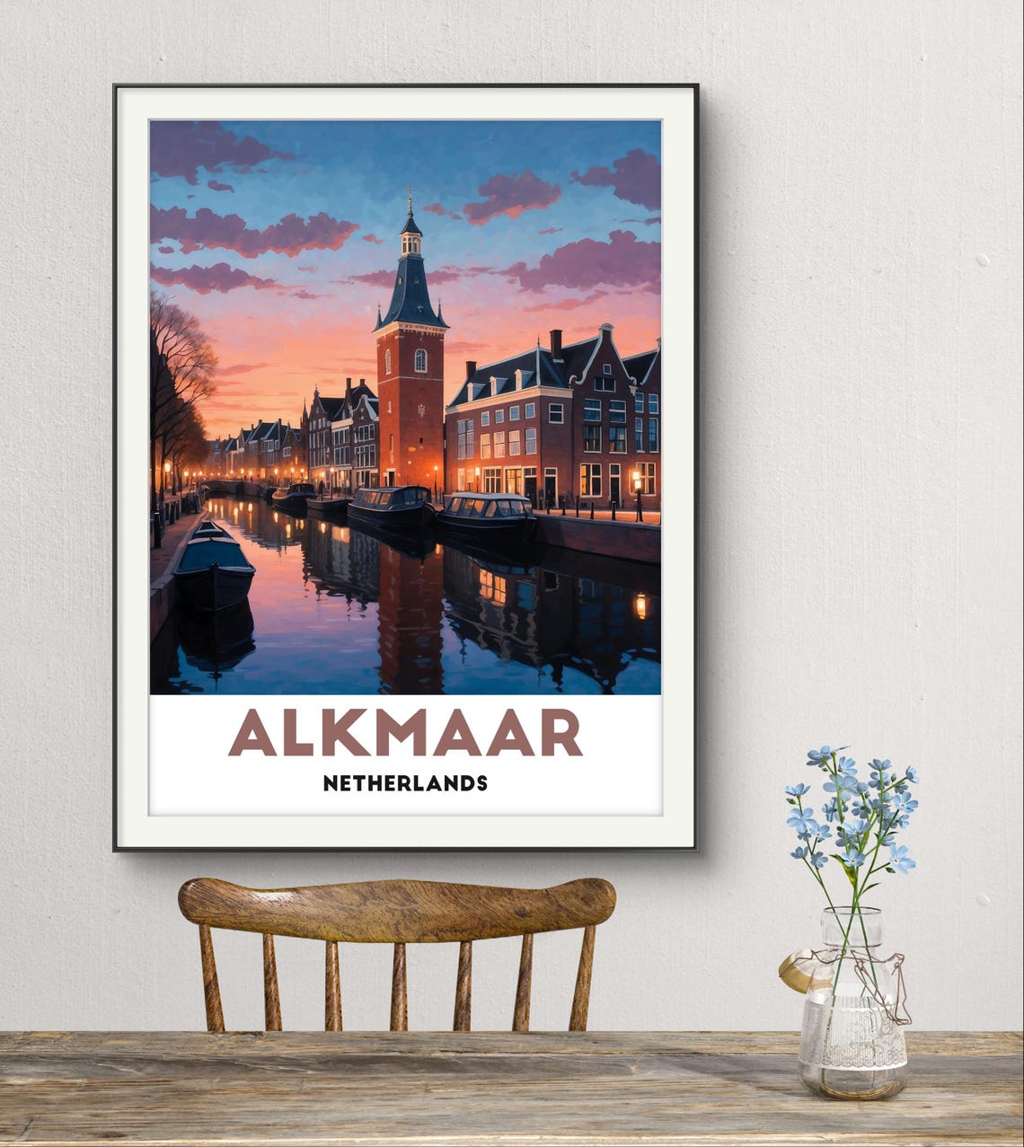 Alkmaar Netherlands Sunset Canal With Brick Clock Tower Travel Poster - Image 2