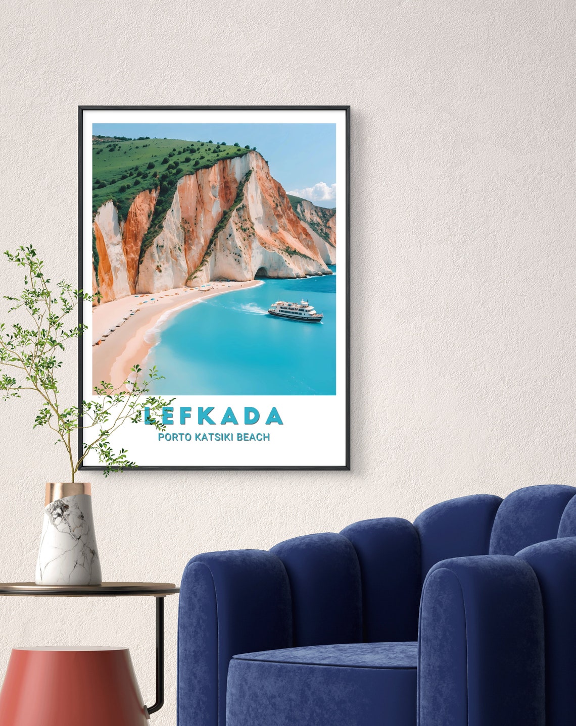 Lefkada Porto Katsiki Beach Turquoise Cliffs Sailboat Travel Poster
