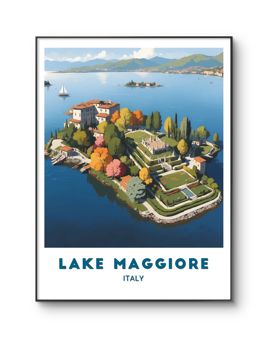 Lake Maggiore Italy Island Garden Aerial Illustration Poster
