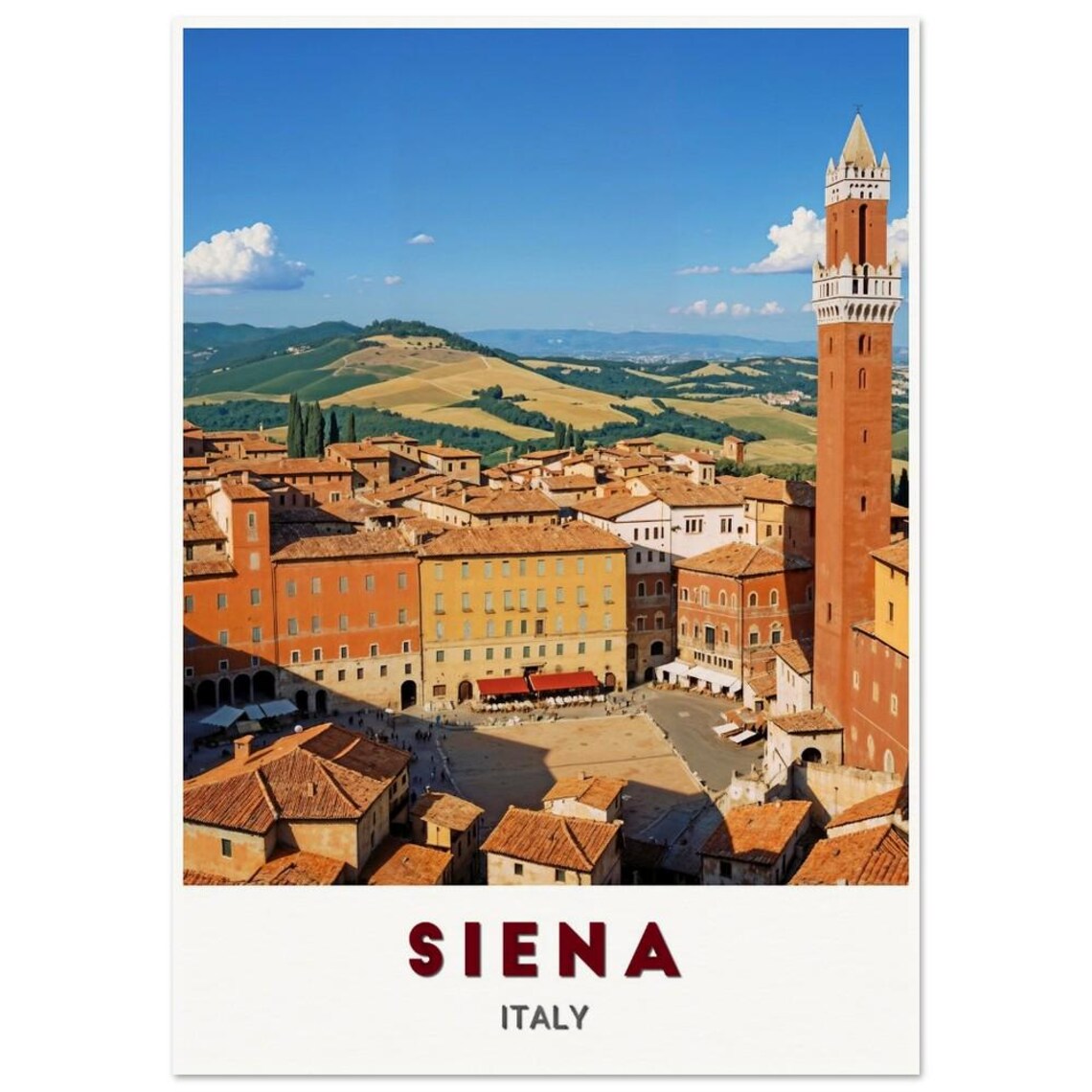 Siena Italy Travel Poster Piazza del Campo Torre del Mangia View