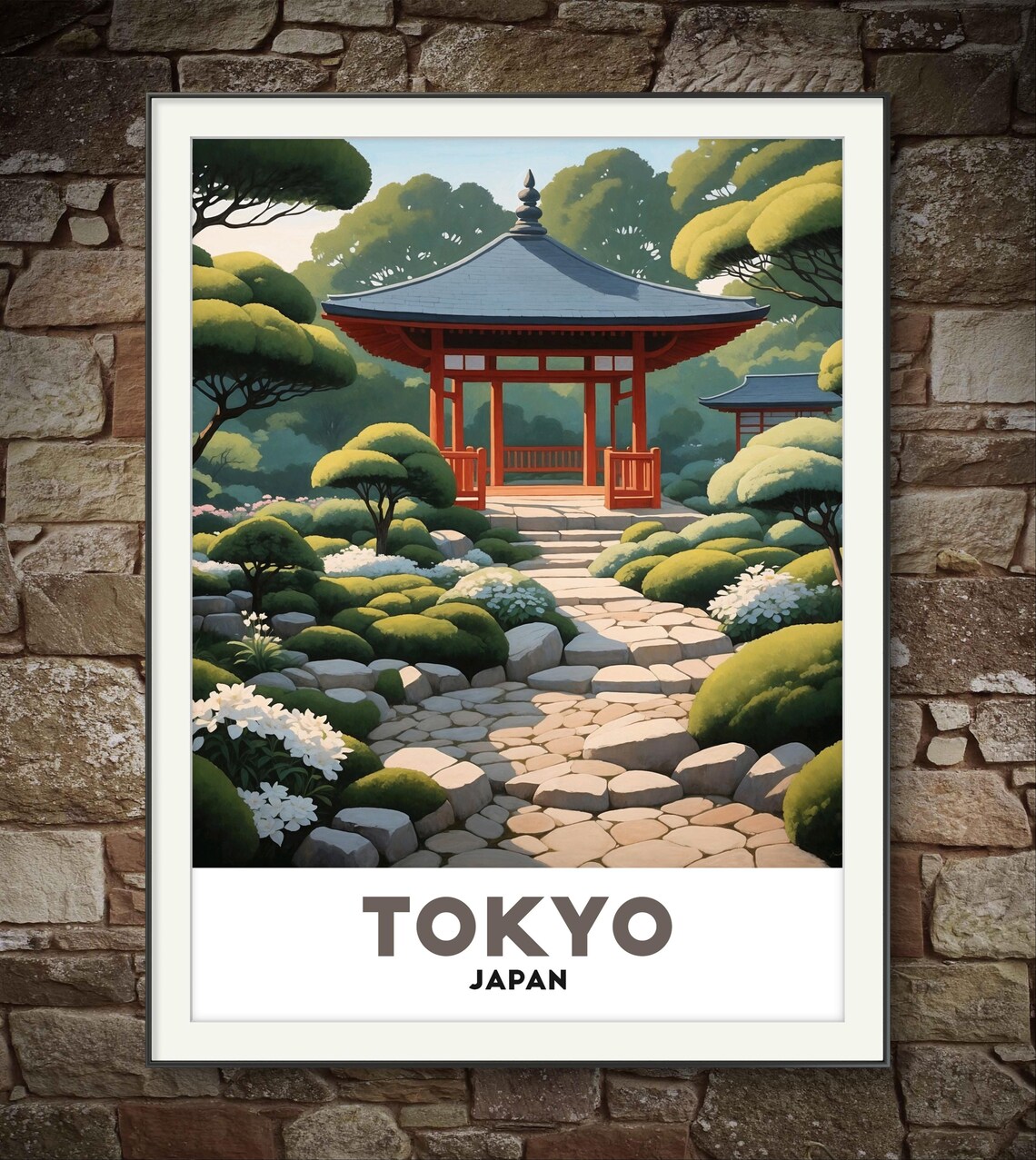 Tokyo Japan Red Pavilion Zen Garden Sculpted Pines Serene Travel Poster - Image 2