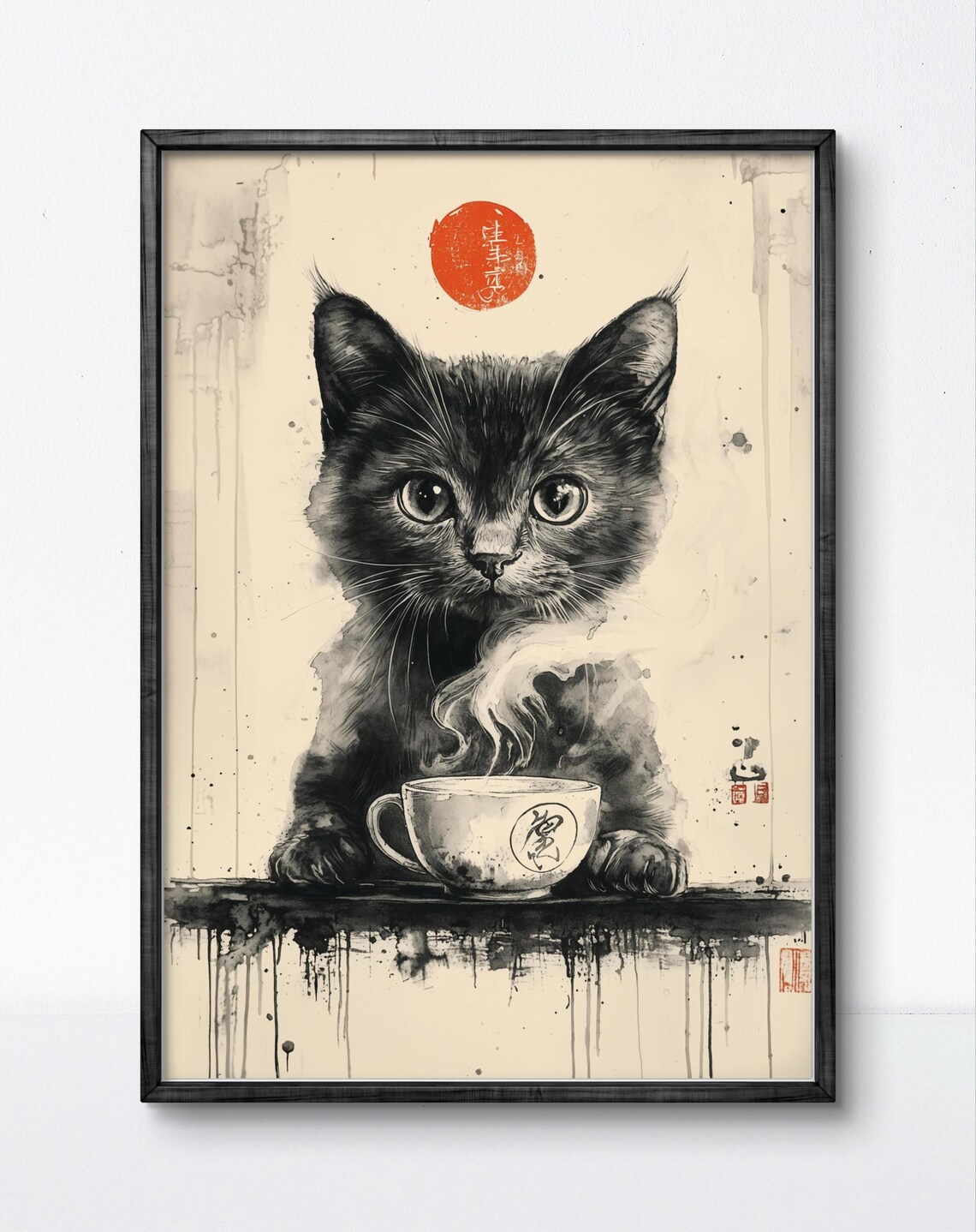 Black Cat With Tea Cup Minimalist Japanese Ink Wash Art Poster