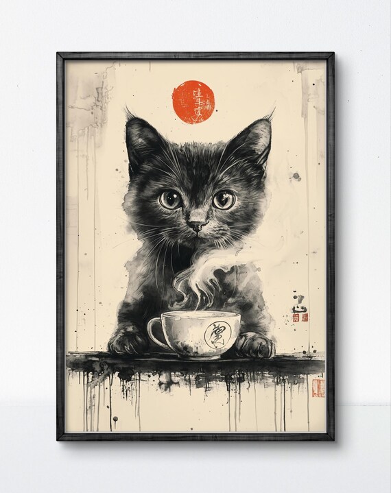 Black Cat With Tea Cup Minimalist Japanese Ink Wash Art Poster
