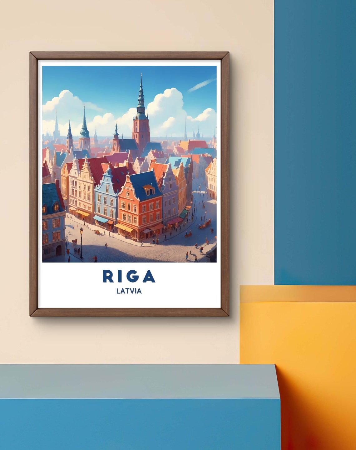 Riga Latvia Colorful Old Town Skyline Church Spires Art Poster