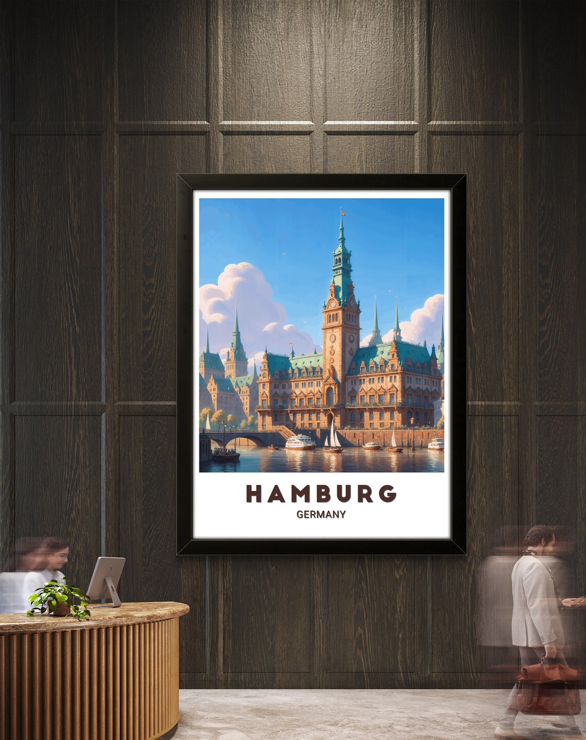 Hamburg Germany Rathaus City Hall Waterfront Boats Travel Poster - Image 3