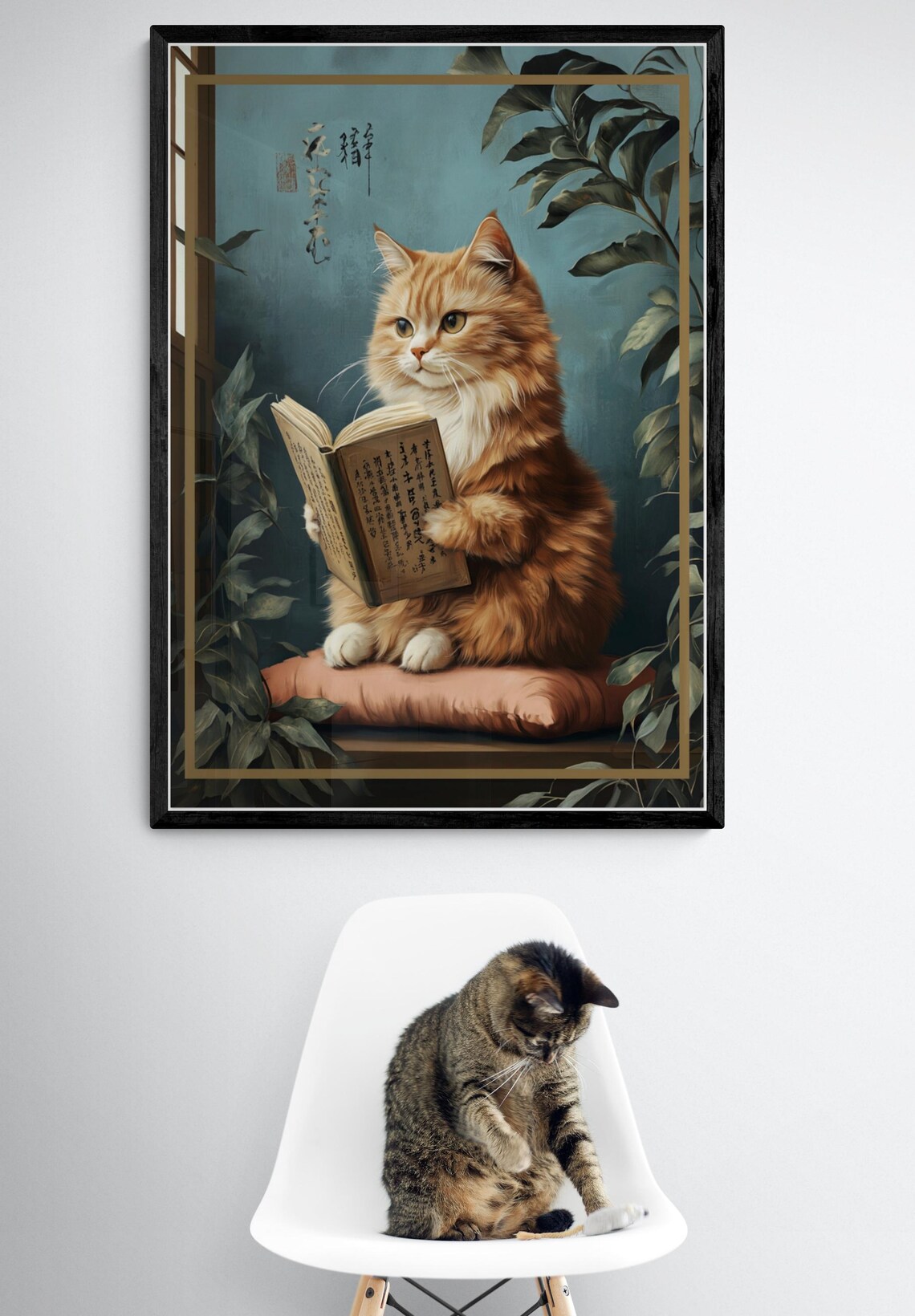 Orange Cat Reading Book Japanese Style Scholar Cat Art Poster - Image 2