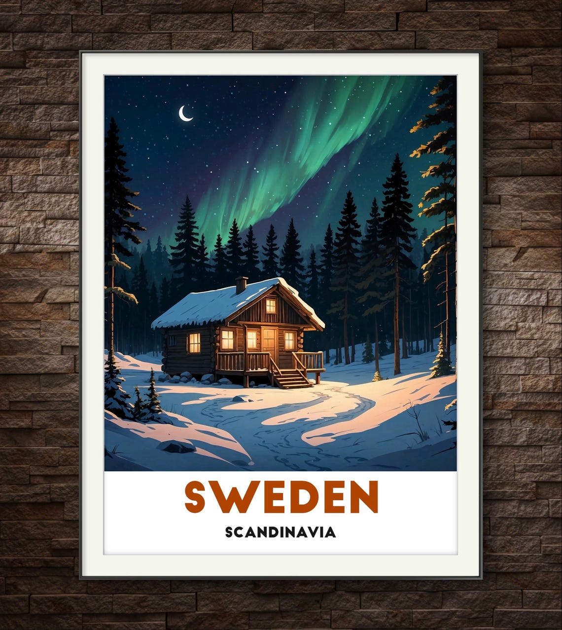 Sweden Scandinavia Cozy Snow Cabin Under Northern Lights Poster
