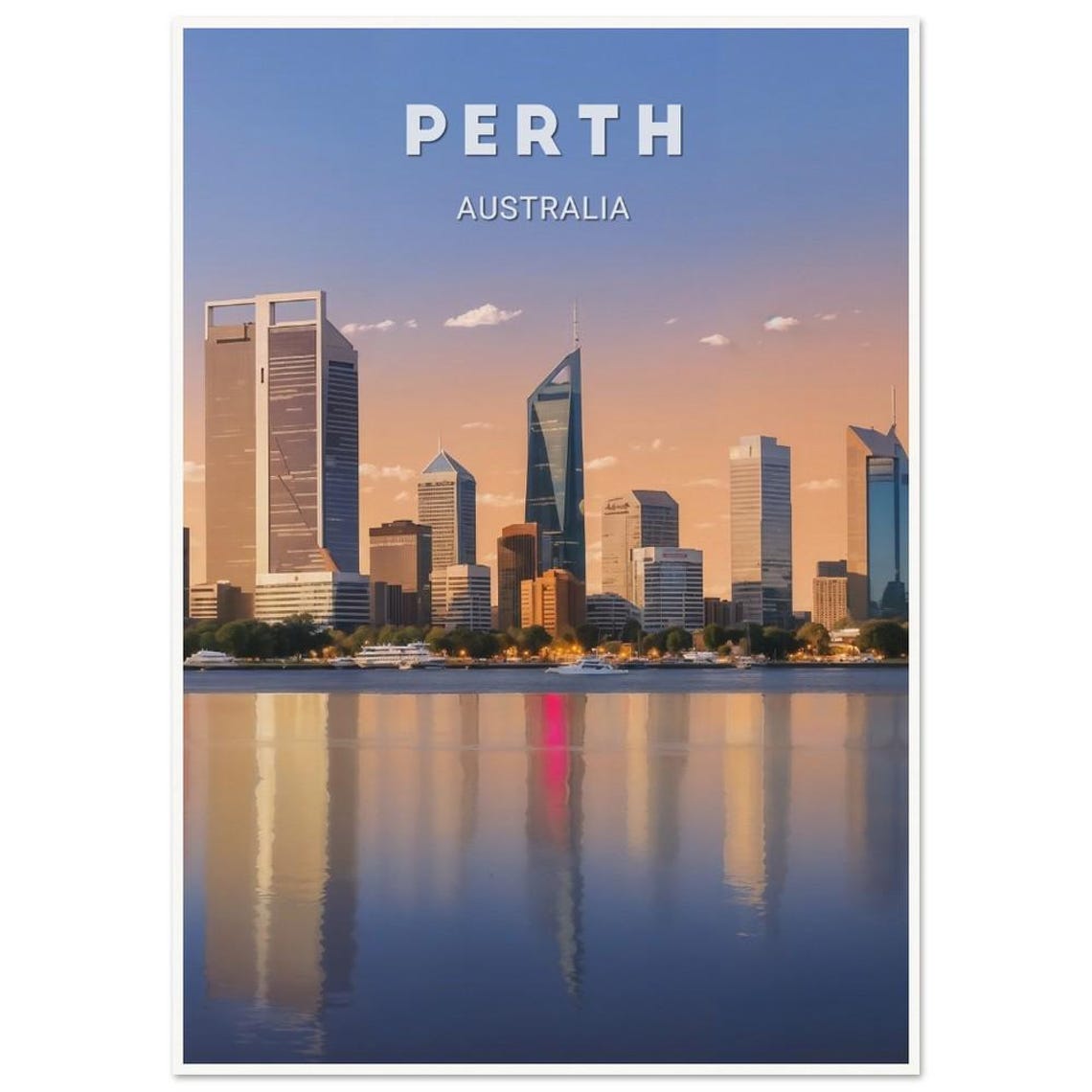 Perth Australia Skyline Water Reflection Sunset Cityscape Poster - Image 3