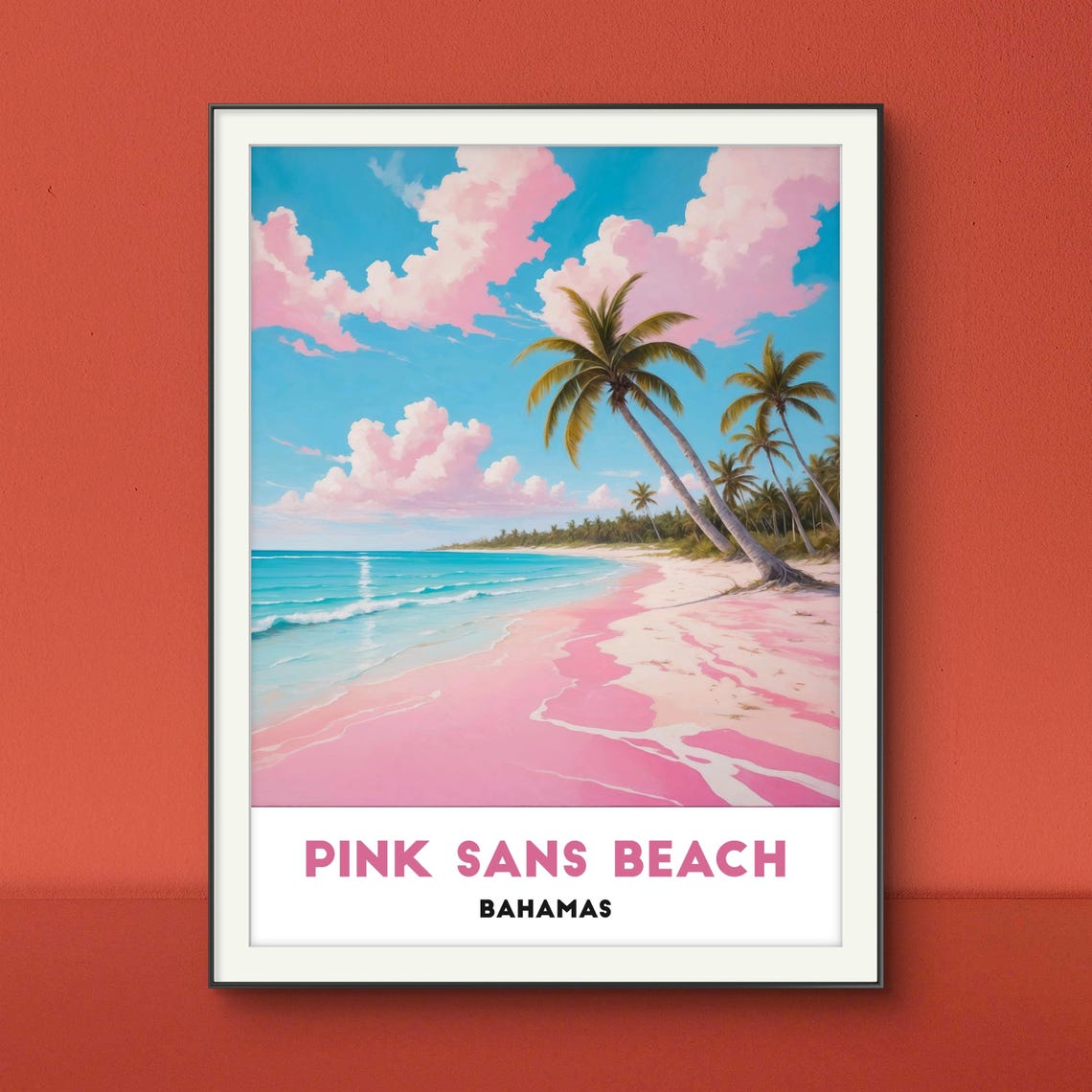 Pink Sands Beach Bahamas Palm Trees Dreamy Tropical Art Poster