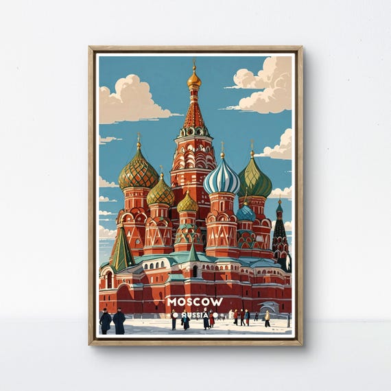 Moscow Vintage Poster Featuring Saint Basils Cathedral Perfect For Russian Travel Prints And Colorful Architecture Art