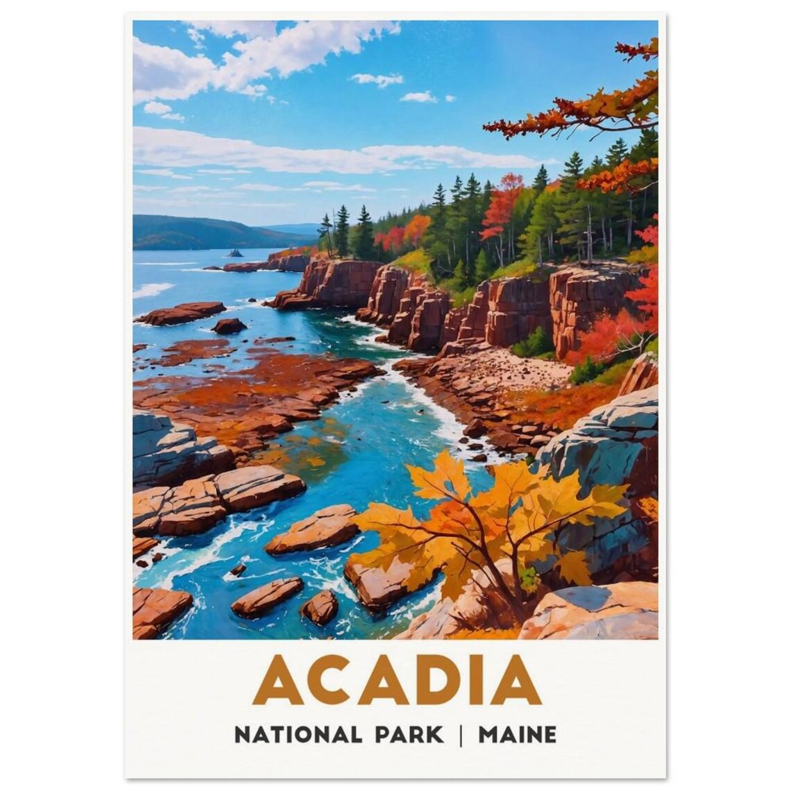 Acadia Maine Autumn Rocky Coastline Photo Travel Foliage Poster - Image 3