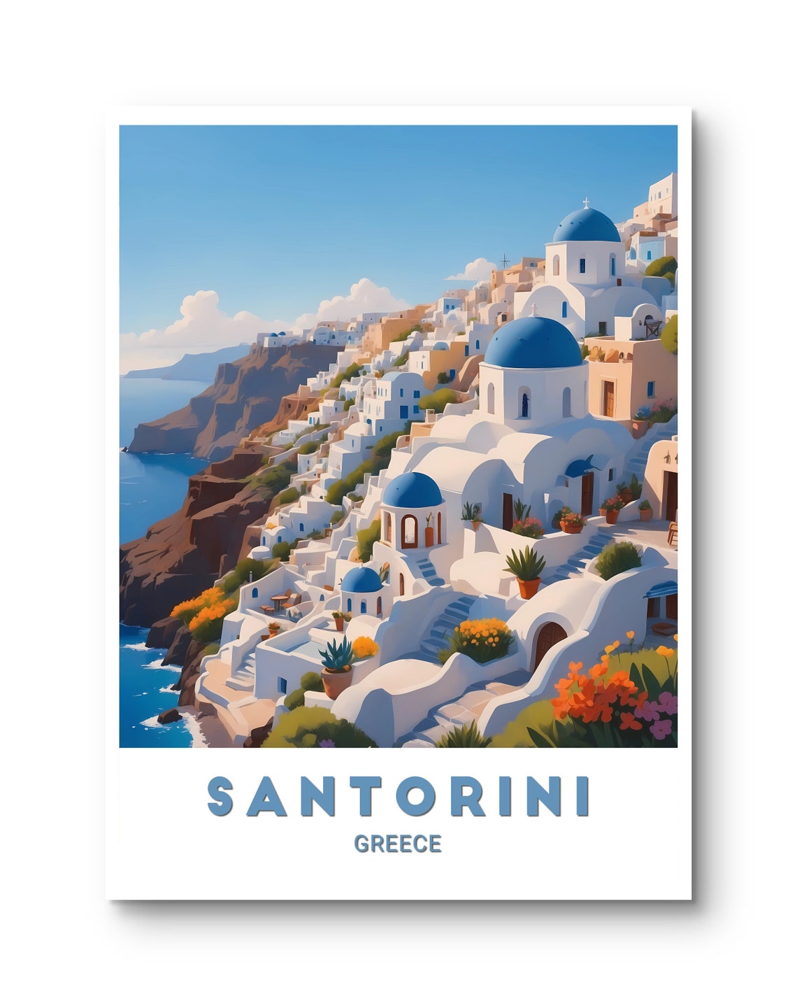 Santorini Greece Blue Domed Churches Aegean Cliffside Poster - Image 3