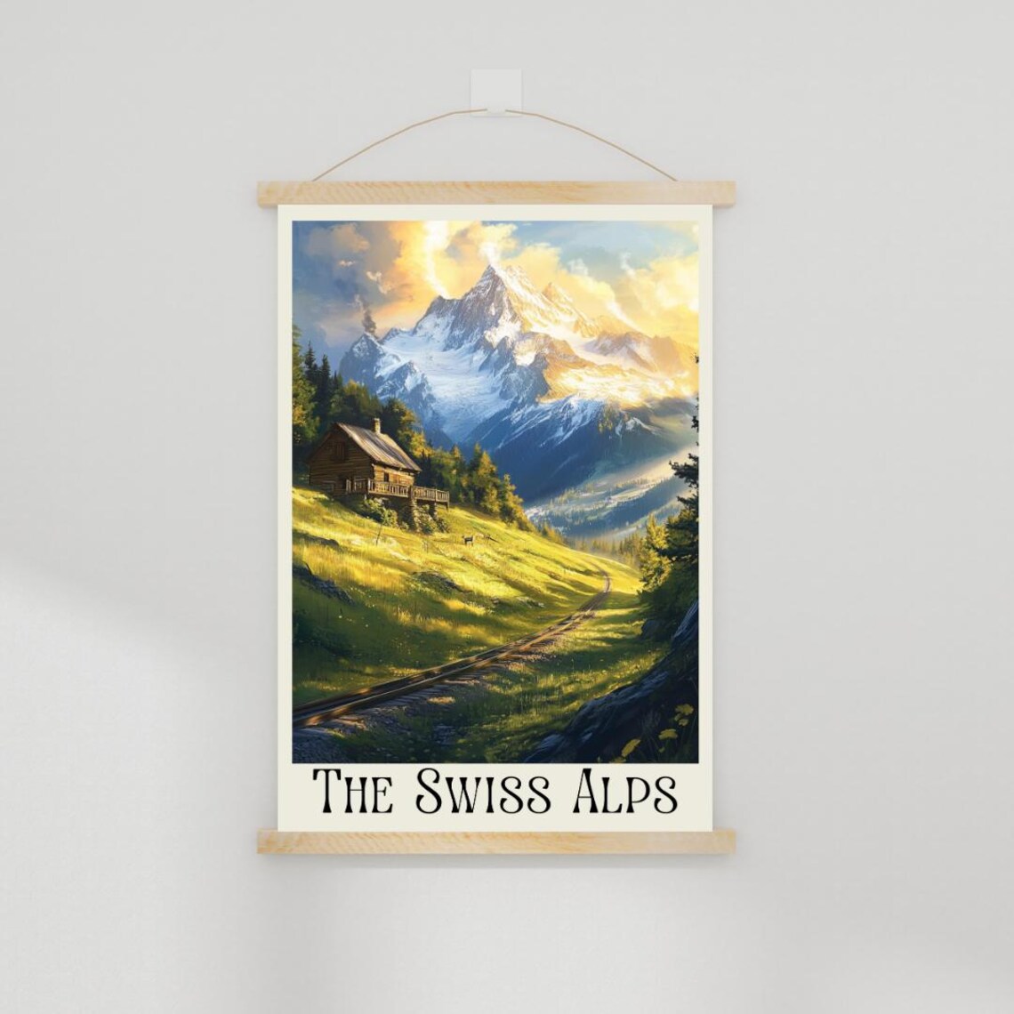 The Swiss Alps Poster with Mountain Cabin and Railway Valley - Image 2