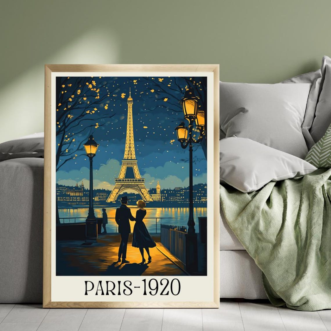 Paris 1920 Retro Poster with Night Eiffel Tower and Strolling Couple