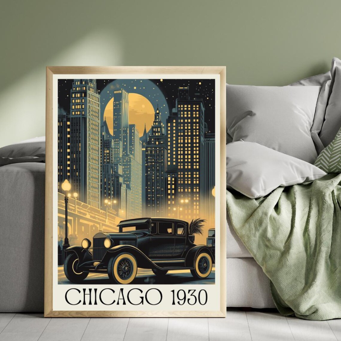 Chicago 1930 Retro Poster with Vintage Car and Night Skyline