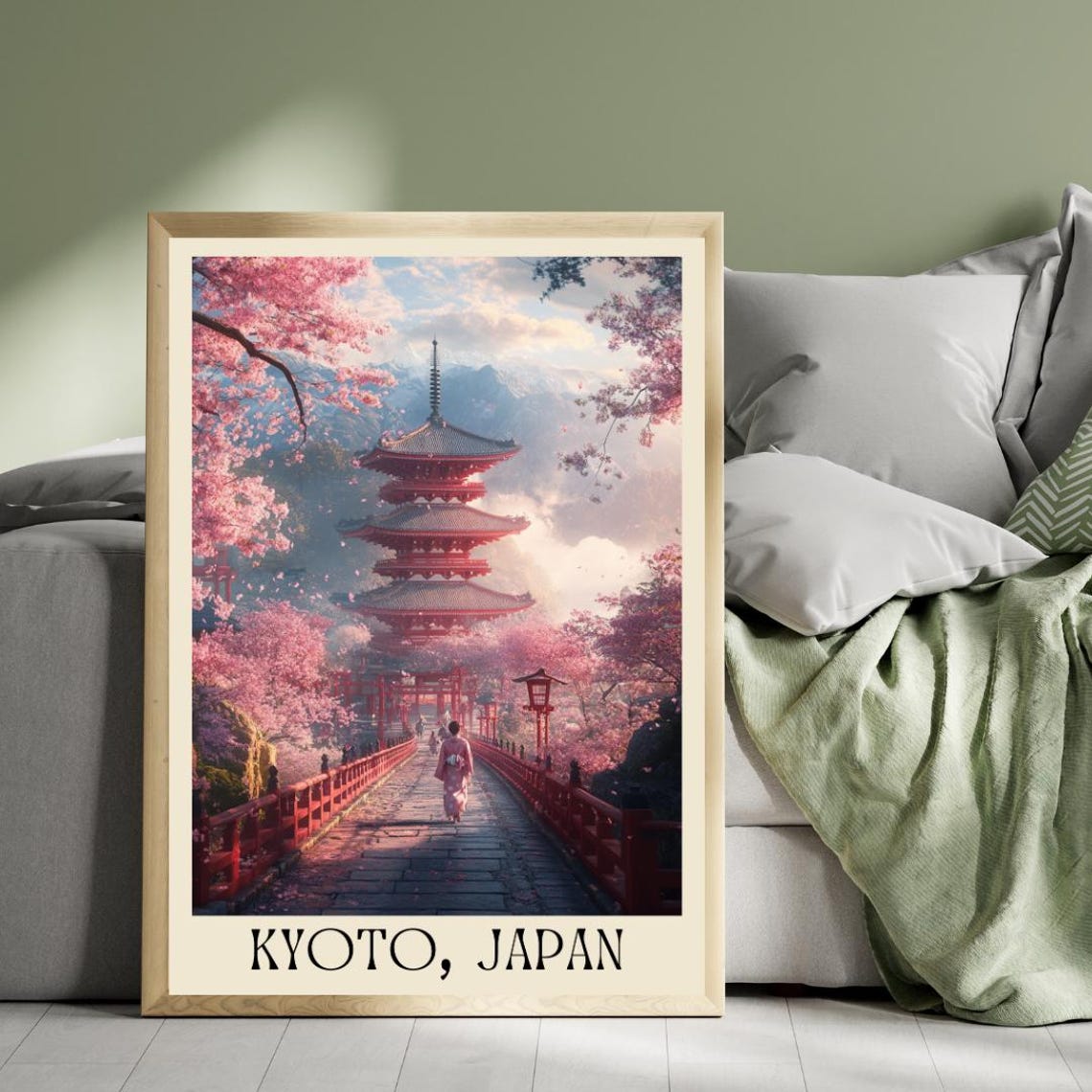 Kyoto Japan Poster with Temple Garden and Cherry Blossom Path