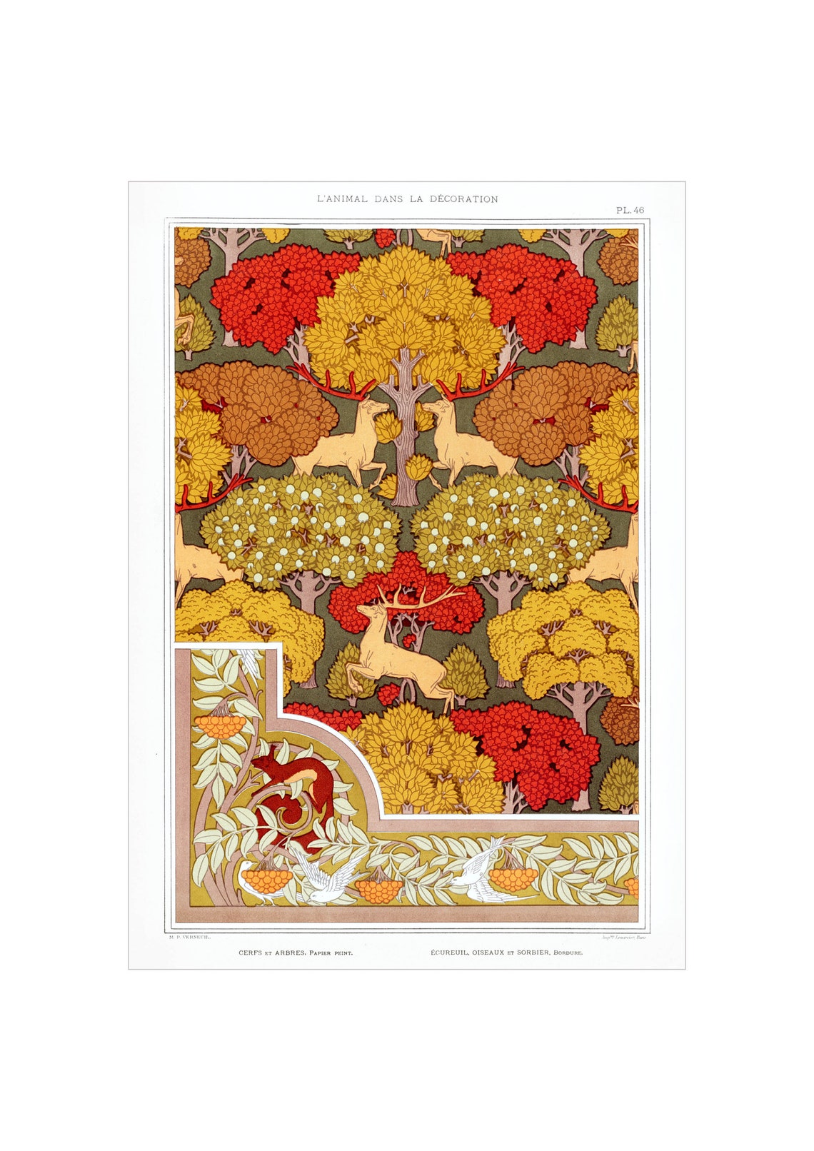 Maurice Verneuil Deer Forest Wallpaper Pattern Art Nouveau Poster 1897