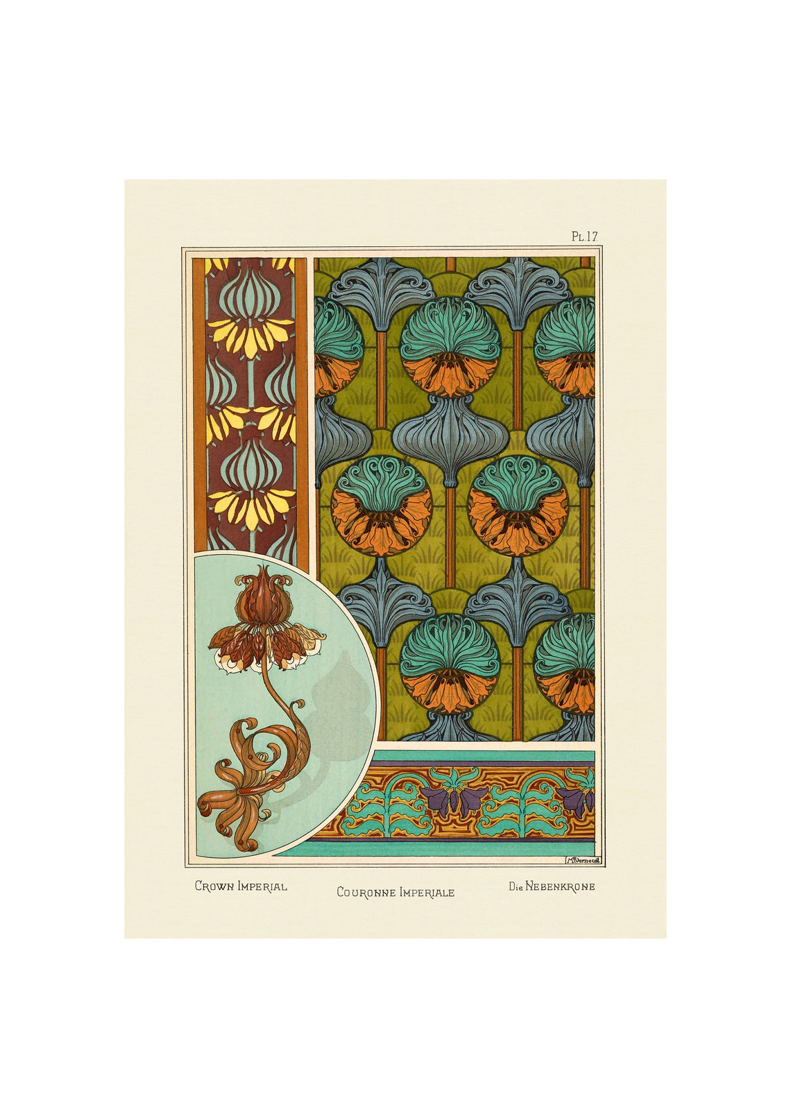 1896 Art Nouveau Crown Imperial Orange Teal Gold Pattern Poster
