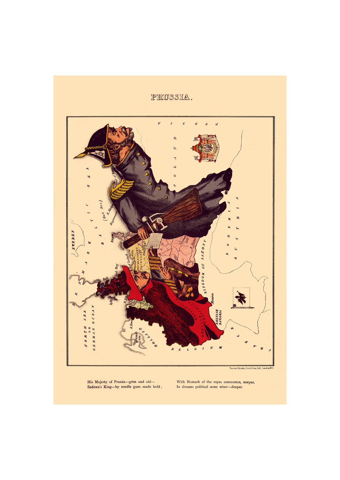 Prussia Victorian Antique Map, 1868 Lithograph