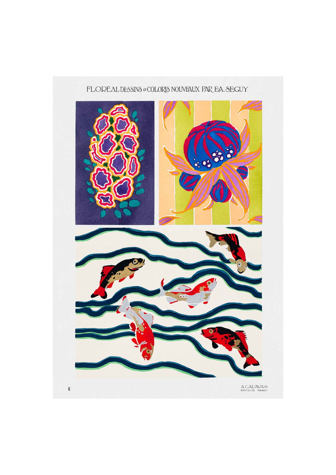 E A Seguy Floreal Plate 6 Five Koi Fish Blue Wave Pattern Poster