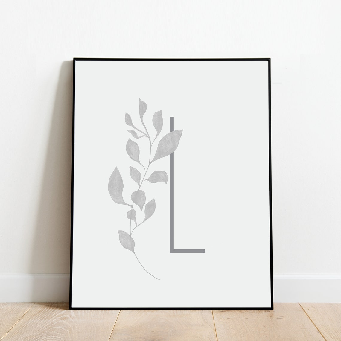 Letter L Botanical Initial Print with Soft Gray Leaf Sprig Artwork