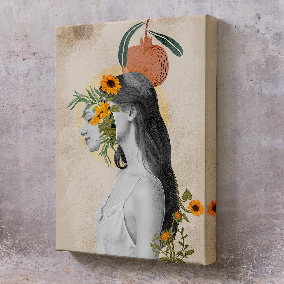 Surreal Woman Sunflower Collage Botanical Dream Portrait Wall Art