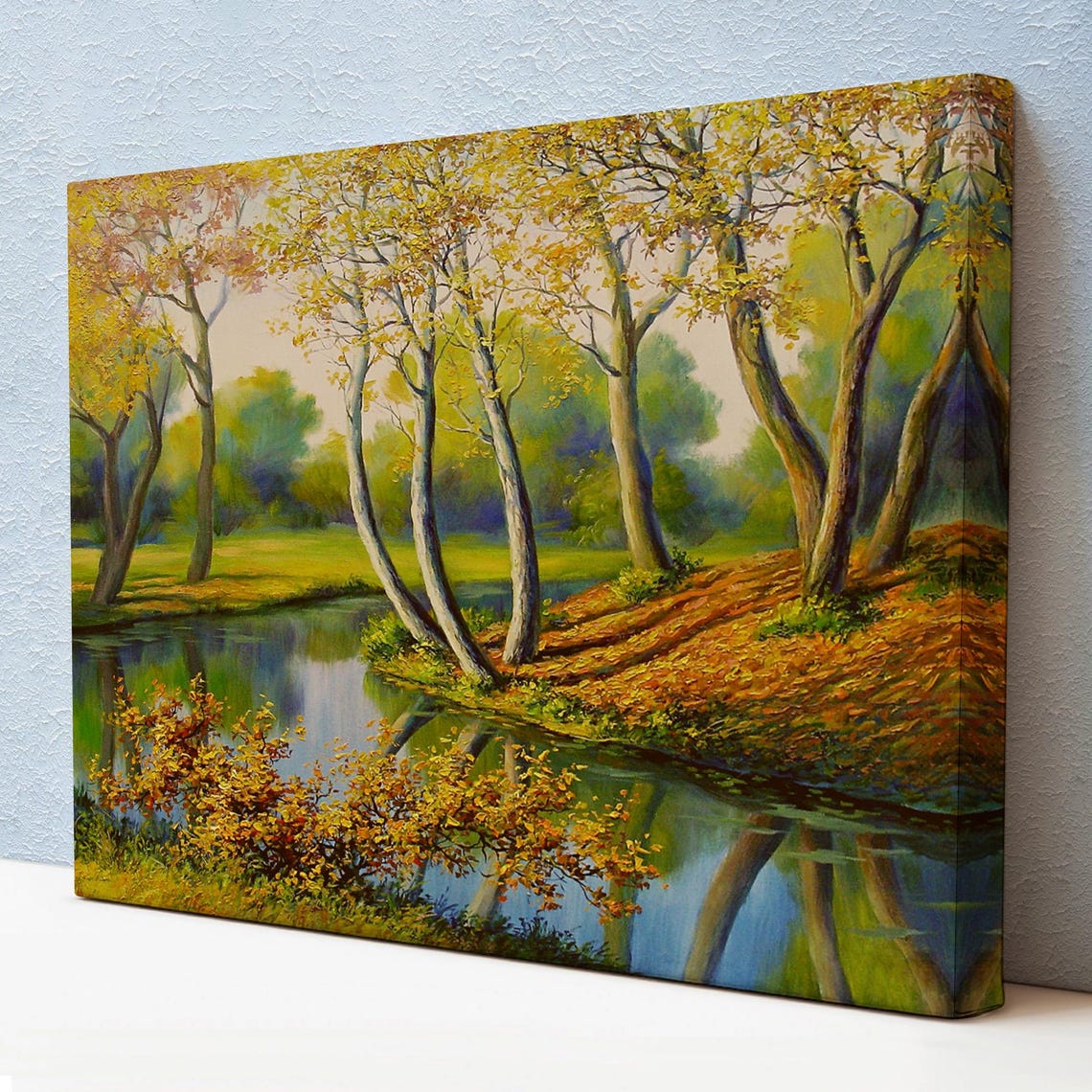 Autumn River Leaning Trees Golden Foliage Calm Water Reflection Poster